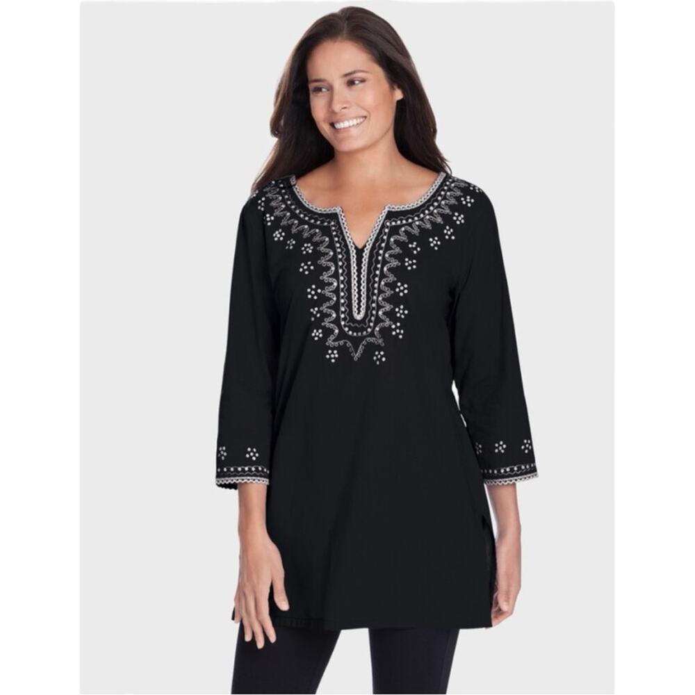 Chelsea Studio 3X Black Tunic 3/4 Sleeves with Floral Embroidery 100% Cotton